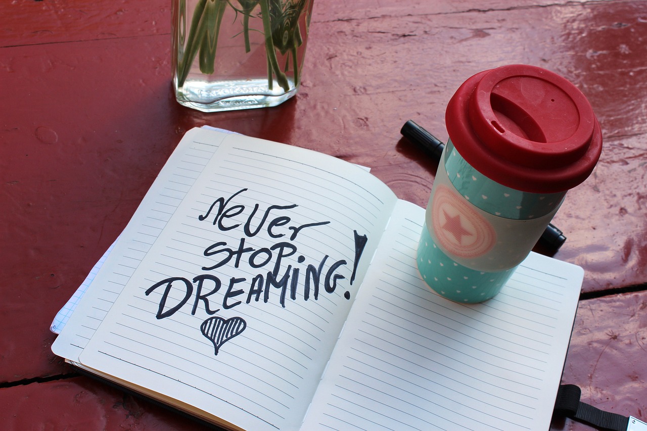mug-3403963_1280 Becher auf einem Heft in dem steht: Never stop dreaming als Sinnbild für den Weg zum Traumjob